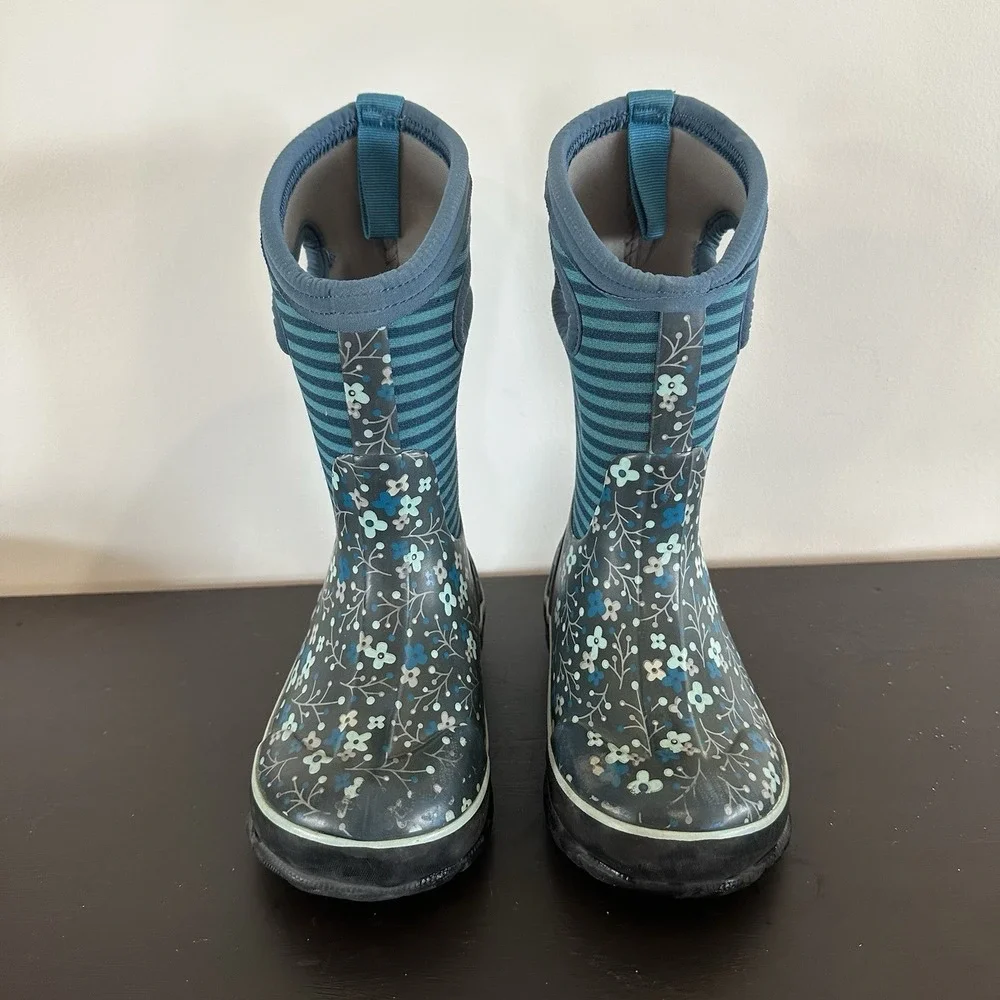 Bogs High Flower Stripe Waterproof Winter Rain Mud Snow Boot Black Girls 11 EUC